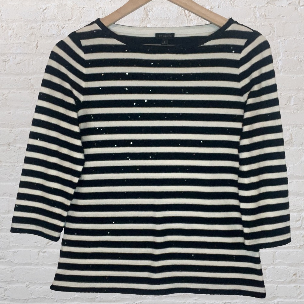 Talbots Black and White Sequin Striped Top, Size S